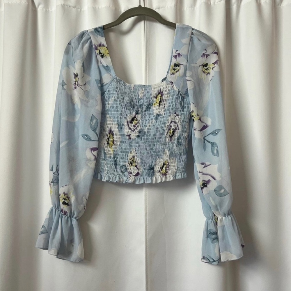 SHEIN Sky Blue Floral Chiffon Long Sleeve Ruffle Sleeve Top Size Medium